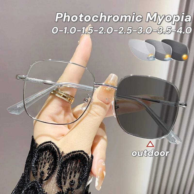 

Fashion Large Frame Photochromic Myopia Women High-end Anti Blue Light Near Sight Glasses Metal Square Color Changing Eyewear