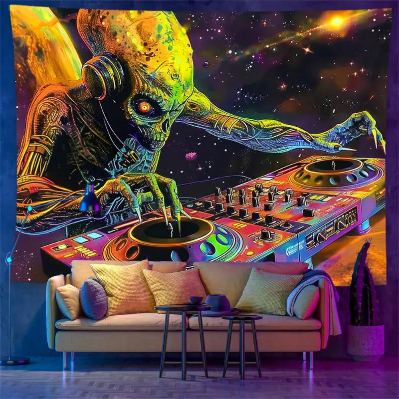 VIKAMA Psychedelic Alien DJ Tapestry Wall Hanging Headphones Turntable Cosmic Galaxy Neon Trippy Aesthetic Wall Art Dorm Decor