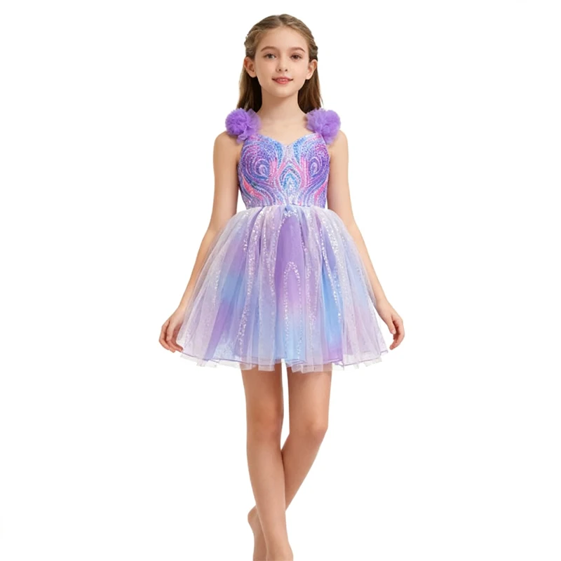 Girl's Princess Dress Witch Cosplay Costume Purple Sequin Puffy Dress Birthday Party Performance Evening Gown Carnival Outfit