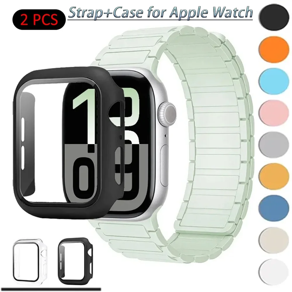 Magnetisches Silikonarmband + Hülle für Apple Watch Ultra 3 49mm 11 10 46mm 42mm Band iWatch 9 8 7 45/41mm 6 5 SE 44mm/40mm Armbandgehäuse