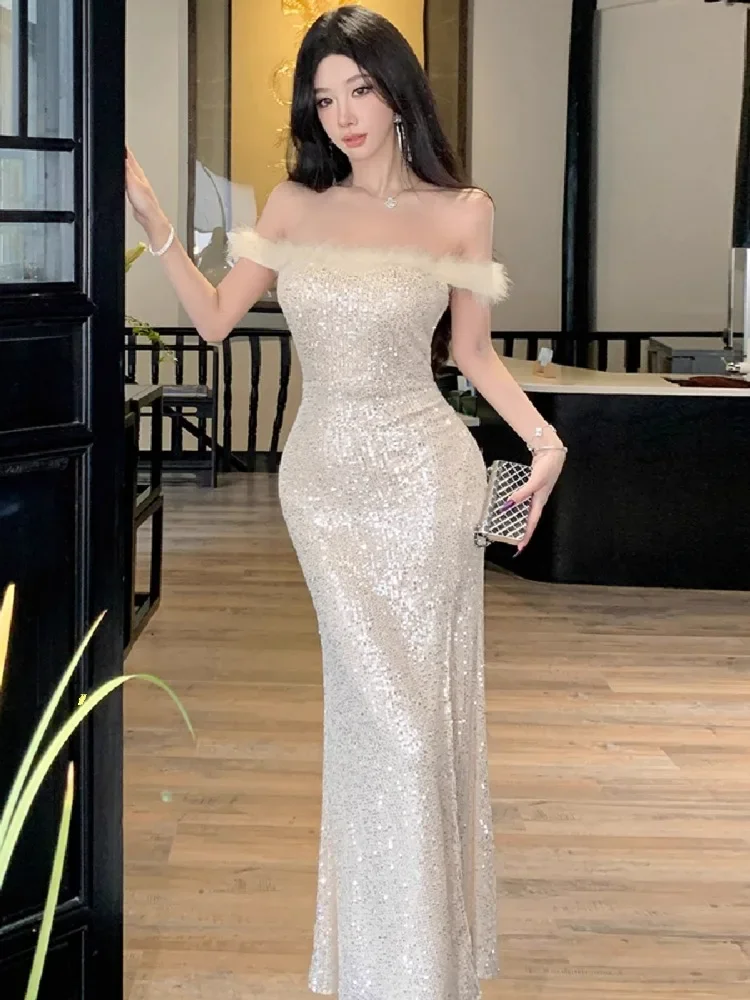 Topanoma Evening Dresses Women Strapless Off Shoulder Sequins Patchwork Fur Split Celebrity Wedding Party Cocktail Banquet