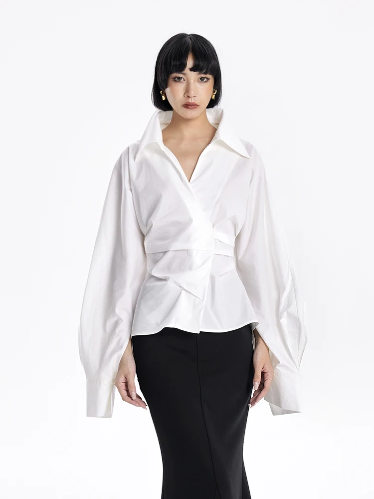 

Оригинальная рубашка TINY с воротником-стойкой, повседневная, приталенная, однотонная, с плиссированной талией и изогнутыми рукавами.