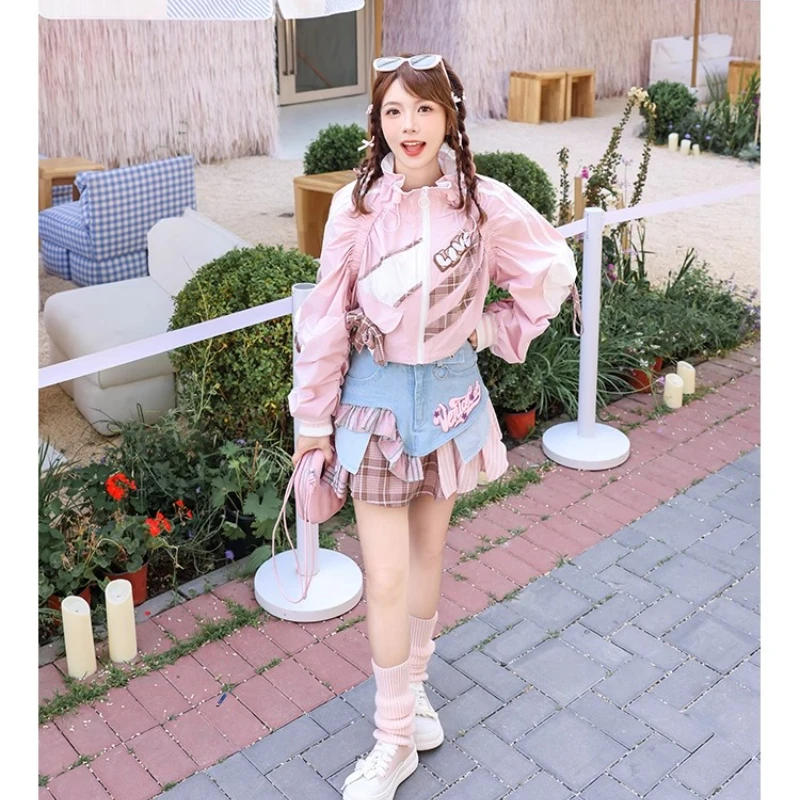 Spring Autumn Design Pleated Plaid Color Block Women's Coat New Bowknot Ruched Loose Short Colorful Sweet Cool Jacket Ladies
