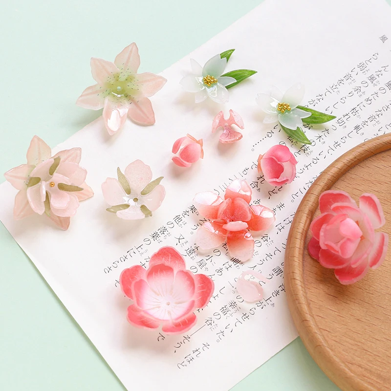 1pcs Simulation Peach Blossom Daffodil Resin Flower Green Leaf Heat Shrink Sheet Diy Handmade Jewelry Earrings Hairpin Material