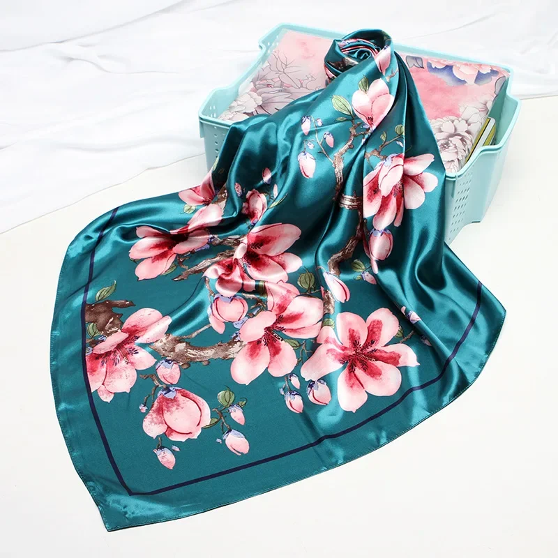 Floral Print Faux Silk Satin Hijab Scarf Women Square Shawl Wraps Hair Scarfs Female 90*90cm Neckerchief Scarves For Ladies