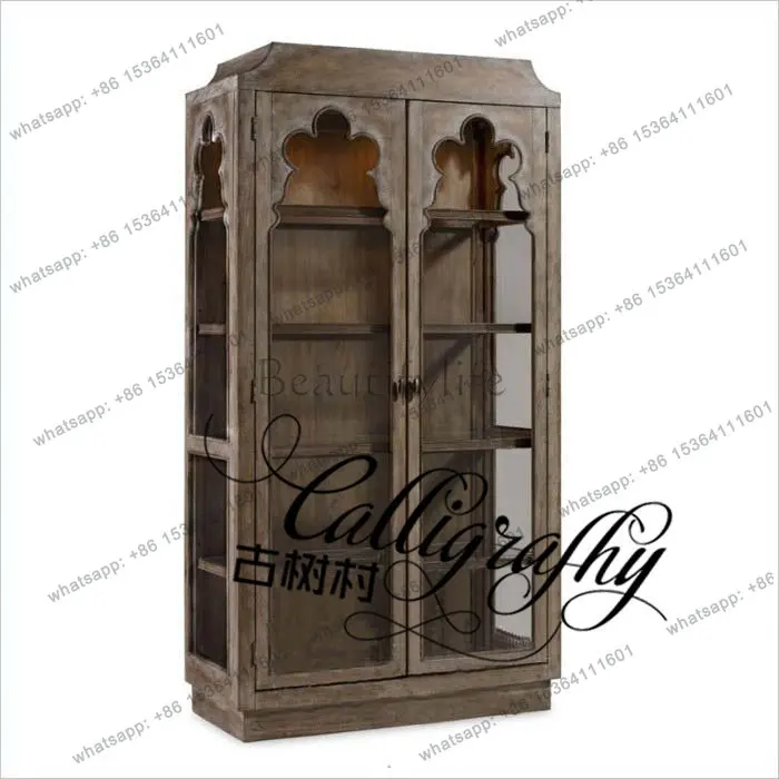 American neoclassical simple French rural antique old solid wood bookcase, display cabinet