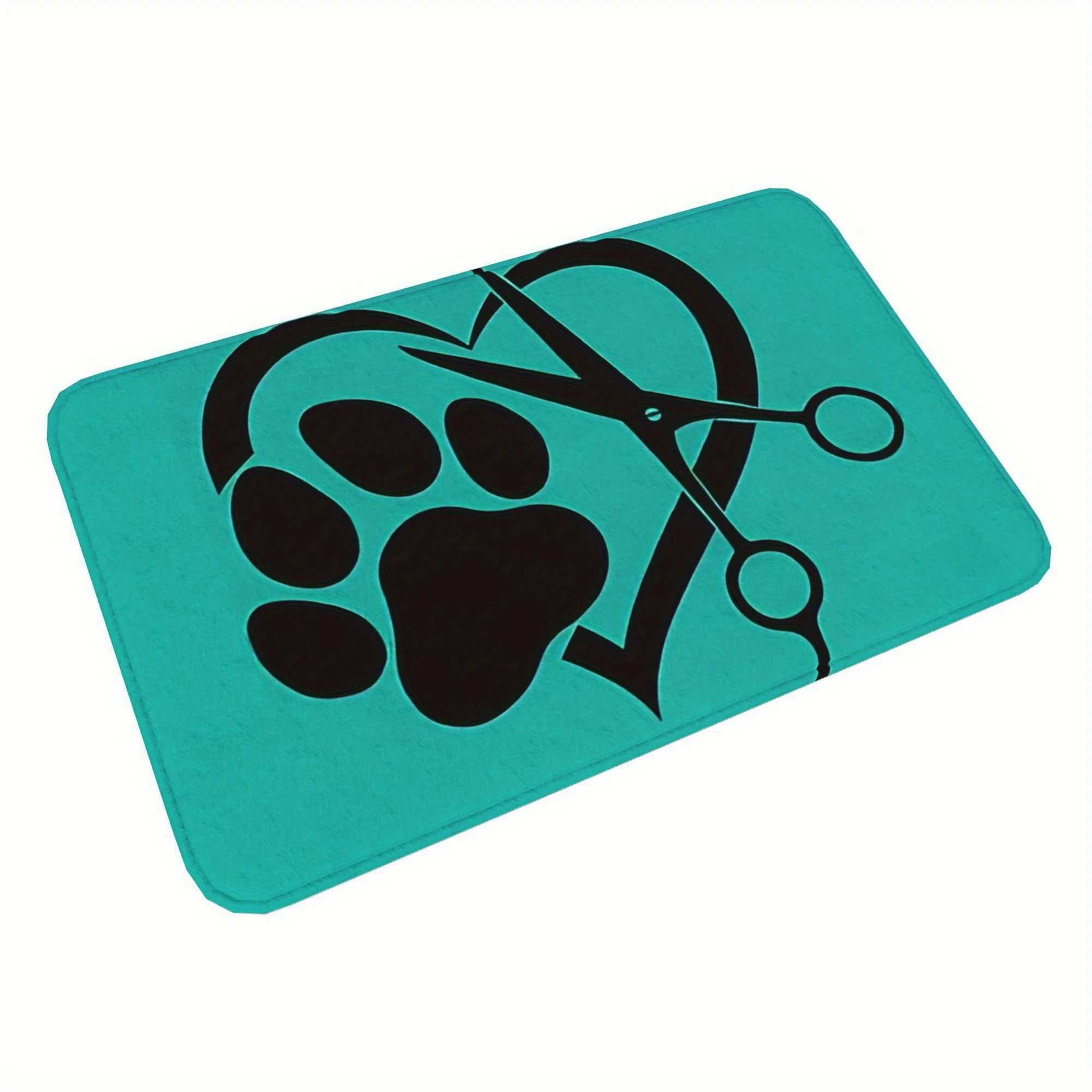 1pcs Pet Grooming Doormat Turquoise Paw & Scissors Design Flannel Non Slip Washable Floor Mat for Kitchen Bedroom