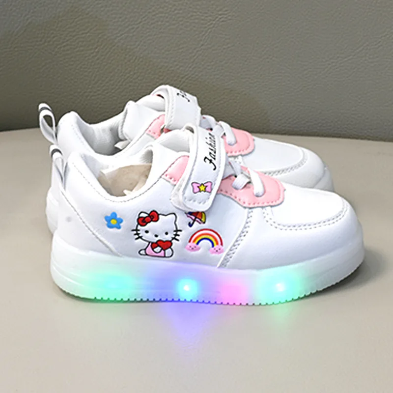 Disney Children Luminous Shoes Girls Hello Kitty Shoes Flashing Lights Fashion Sneakers Toddler Kid Casual Sneakers Size 21-30