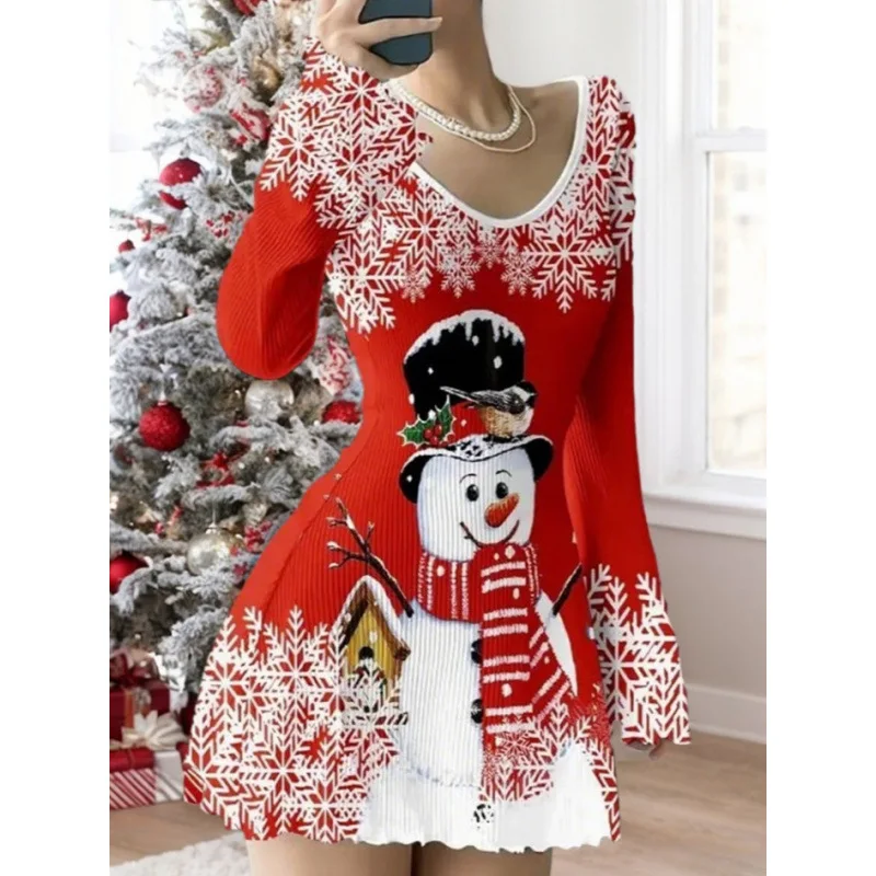 Automne noël imprimé trompette à manches longues col en v femmes robe mode tricoté Pit Strip Slim Fit femme noël t-shirt robe
