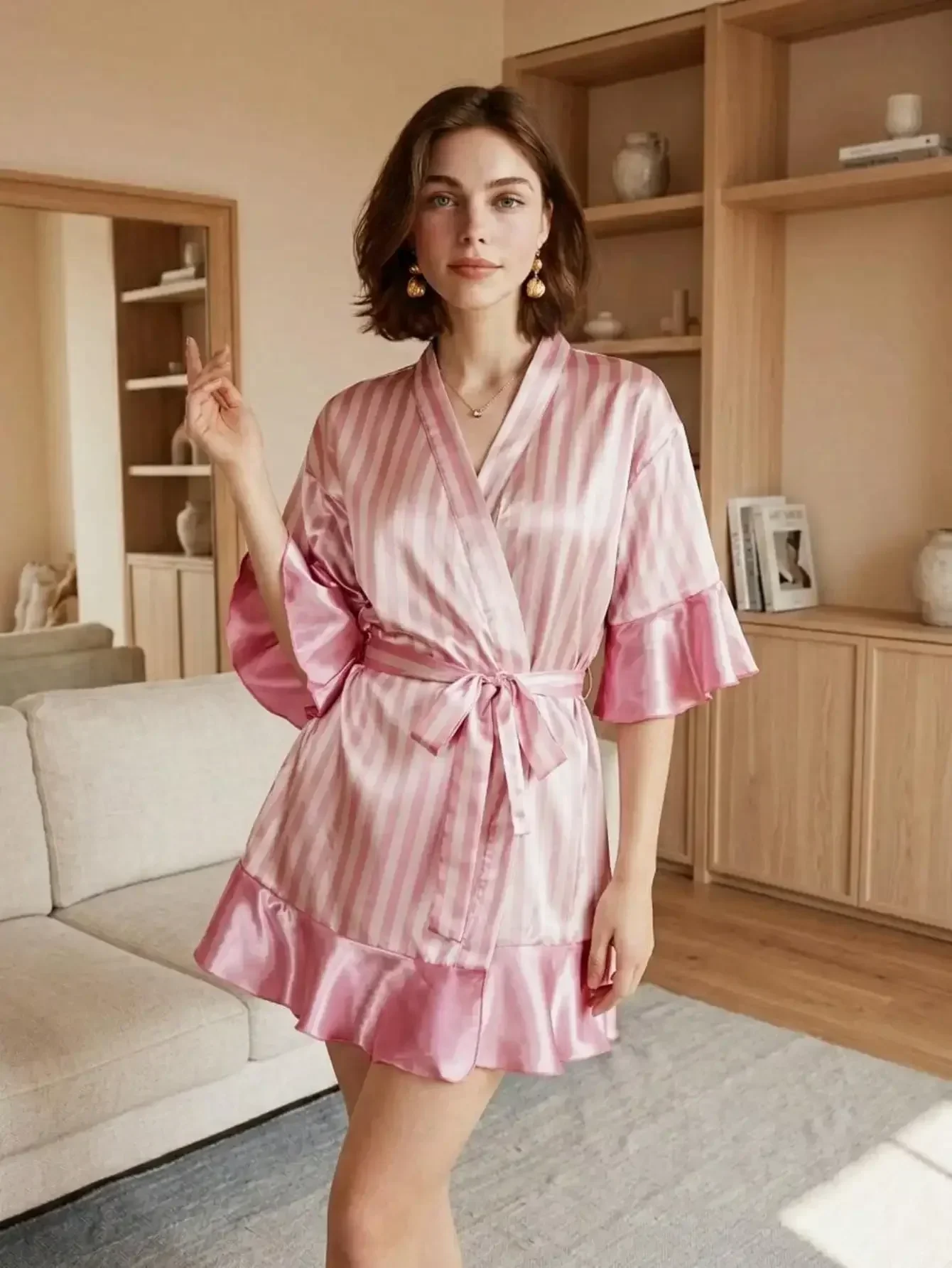 

1PC Sweet Pink And White Striped Women's Bathrobe, Ruffled Tie-Up Style, Mid-Length Fitted Bathrobe, Comfortable Loungewear