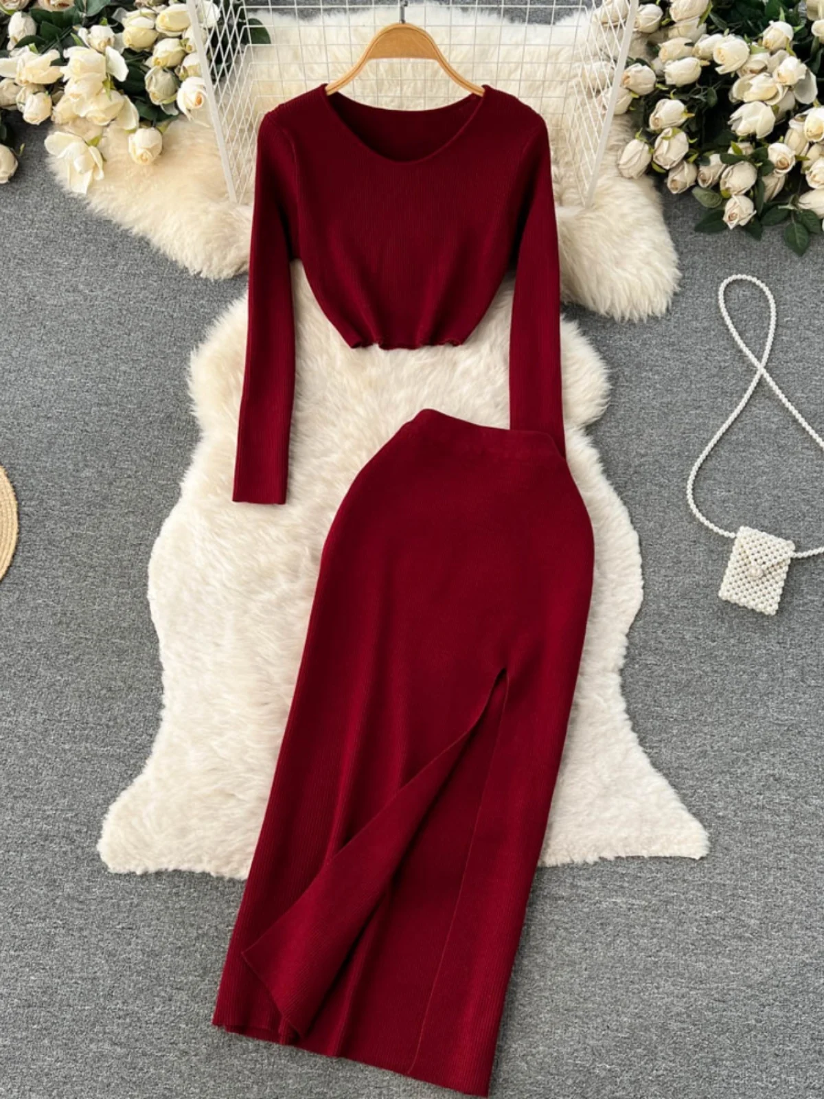 Fall Winter Knitted Set Women's V-neck Long Sleeve Short Length Mid-length Open Split Half Skirt Two-piece Fashion Ensemble
