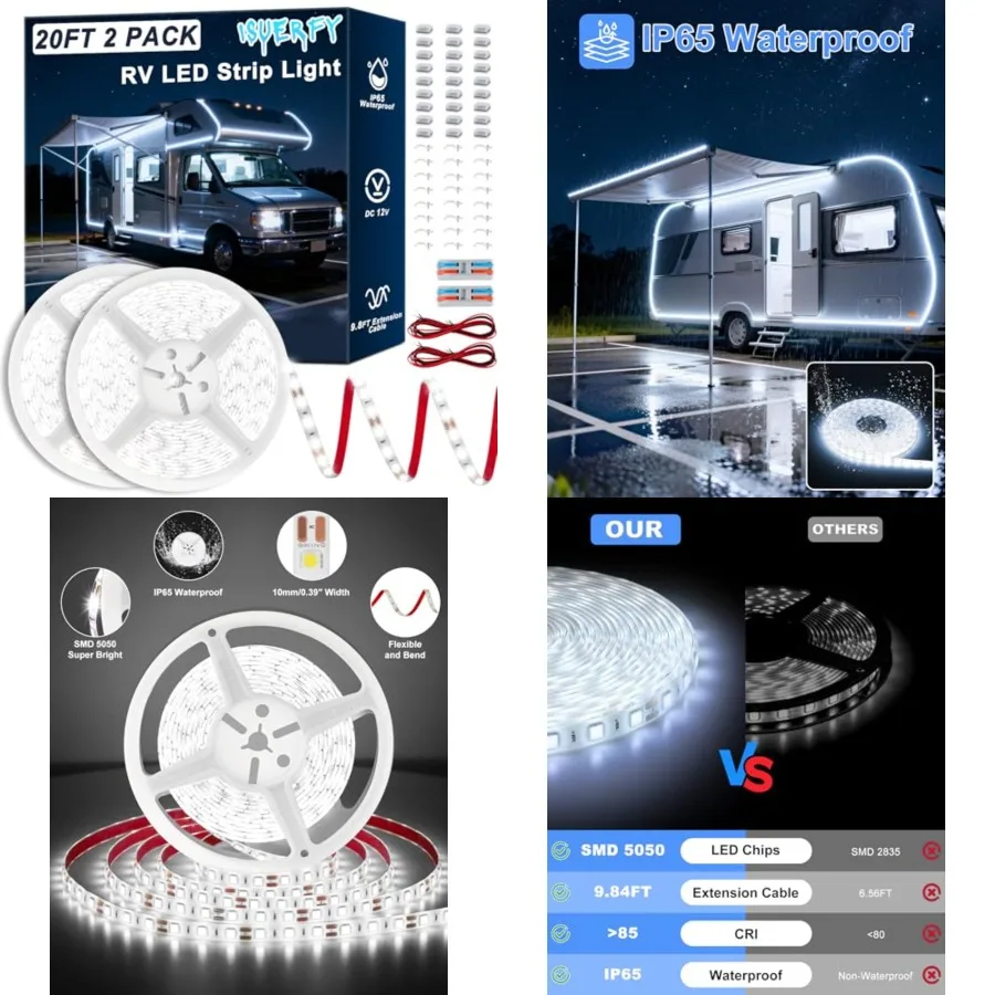 

RV Awning LED Lights 2 Pack, 12V 20Feet Camper Lights for Motorhome Travel Trailer Concession Stands Food Trucks, IP65 Waterpro