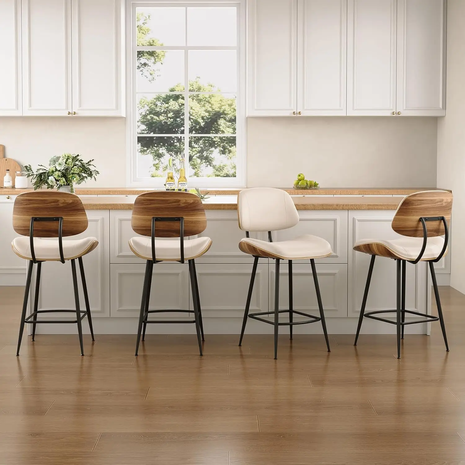 

BV Mid Century Modern Barstools Set of 4, PU Leather Counter Height Stools with Walnut Bentwood Back & Metal Legs,, Customized