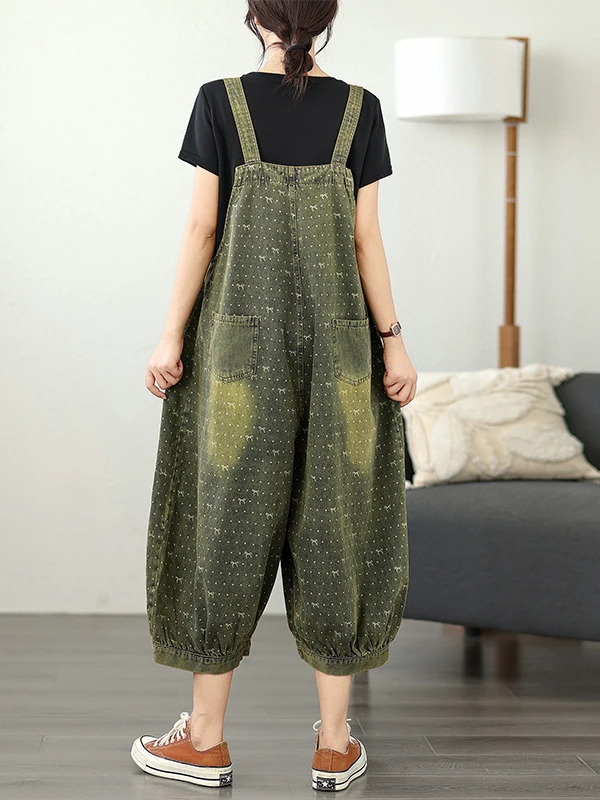 

Summer Thin Printed Casual Denim Overalls Women plus Size Loose Slimming Wide Leg High Waist Nine Points Harlan Pants