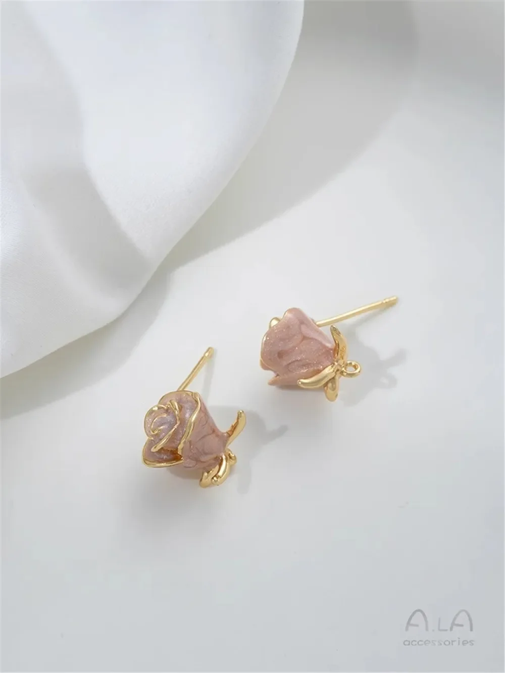 

14K Gold-Color Stud Earrings with Silver Pin, Dripping Oil, Pink Rose, Jewelry Material, DIY, Hand-made