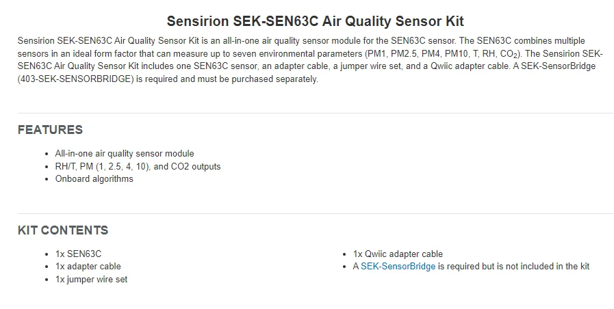 SEK-SEN63C Evaluation Kit for the SEN63C Multiple Function Sensor Development Tools