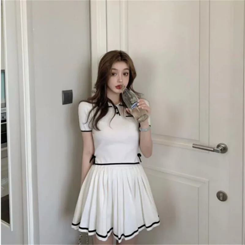 Preppy Style Fashion 2 Pieces Casual Sets Summer New 2024 Color Contrast Short T Shirt Top+Pleated Mini Skirt 2pc Knit Suits