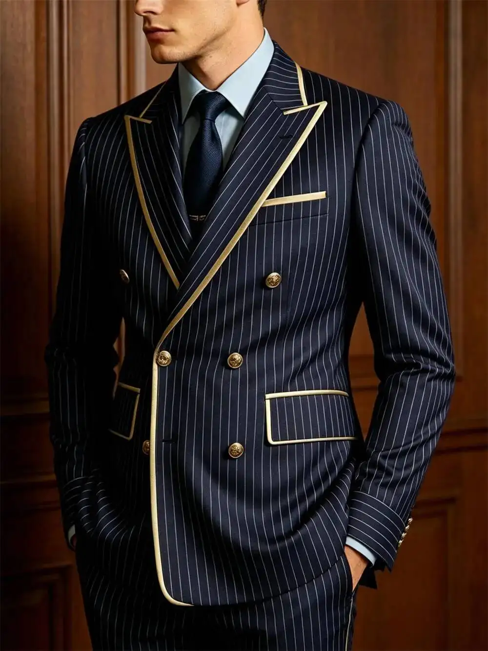 Men's 2-Piece Suit Set Striped Slim Fit Double Breasted Jacket Business Casual Pants Formal Groom Wedding Dress Party Tuxedo