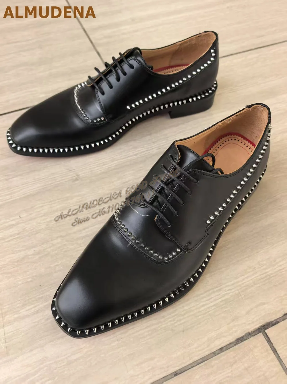 

ALMUDENA Men's Black Matte Silver Rivets Dress Shoes Lace-Up Metal Spikes Oxford Wedding Shoes Formal Suits Footwear Party Shoes