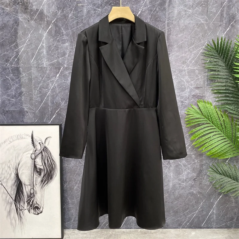

Slimming Crossbody Suit Collar Black Waist Cinching Dress Coat Autumn High Waist Polyester Silk Long Sleeve Maxi Dress