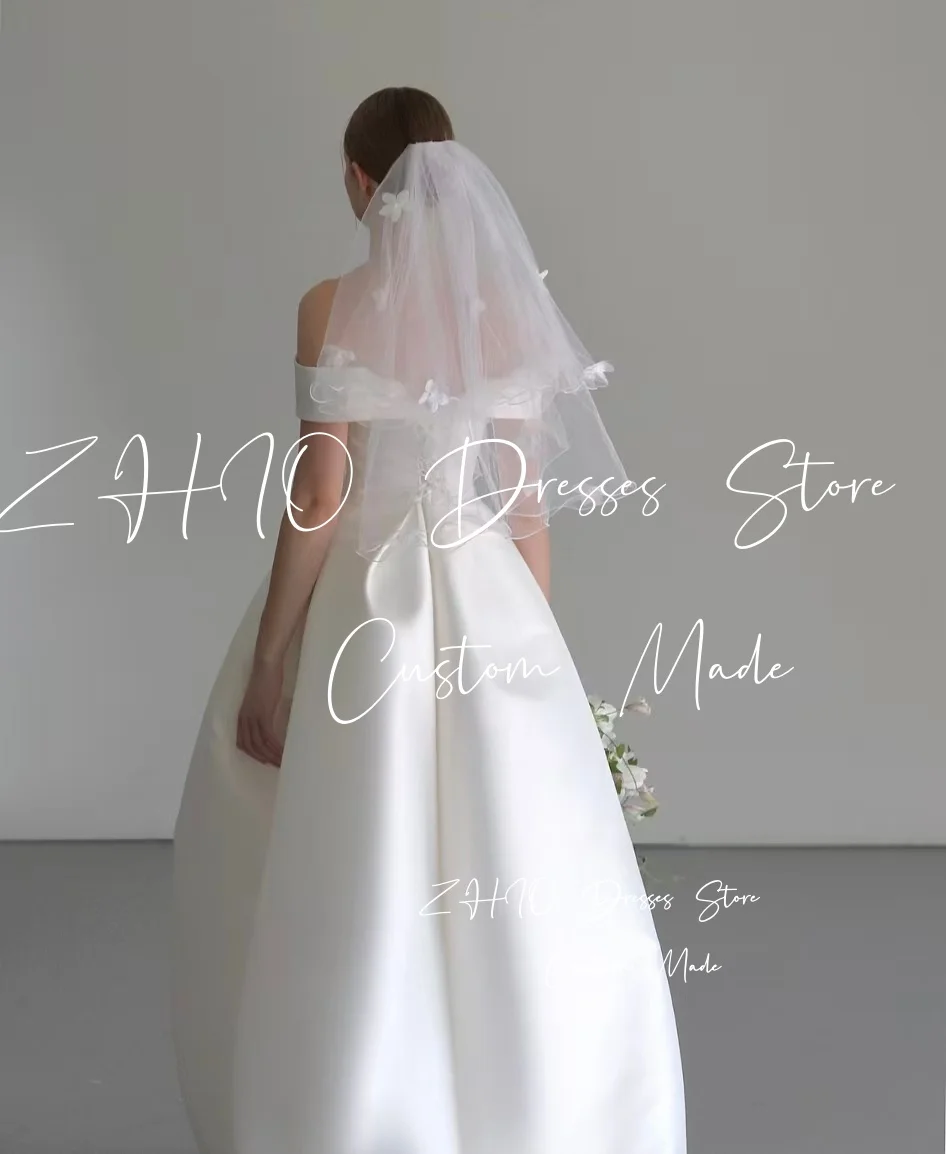 ZHIO Elegante abito da cerimonia nuziale in taffettà bianco con spalle scoperte A-Line Corea Servizio fotografico Abito da ricevimento nuziale personalizzato Garona