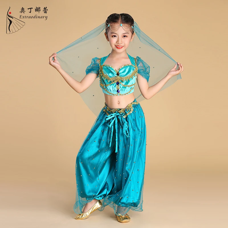 

New Children Halloween Jasmine Princess Costumes Belly Dance Veil Top Pant 4 Pieces Set Kids Bollywood Clothes