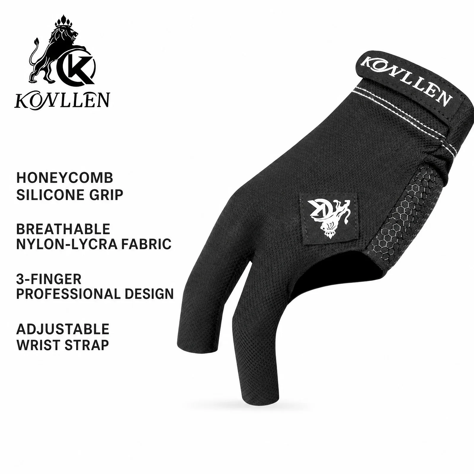 KONLLEN 3-Finger Billiard Pool Snooker Gloves Professional Antislip Breathable High Elastic Nylon Double-Stitched L/R Hands