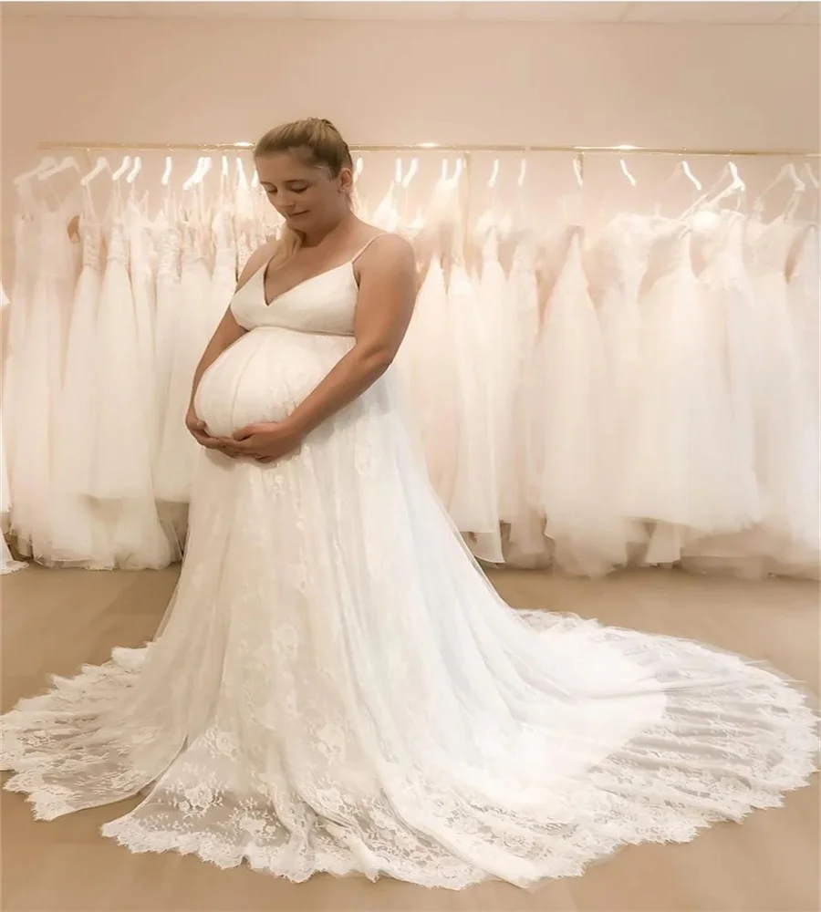 Boho Maternity Wedding Dress Sexy Spaghetti Straps Lace Plus Size Bohemian Wedding Gowns For Bride Country Chic Customized