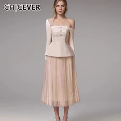 CHICEVER Solid Two Piece Sets For Women Diagonal Collar Long Sleeve Spliced Mesh Off Shoulder Top High Waist Skirts Set Female