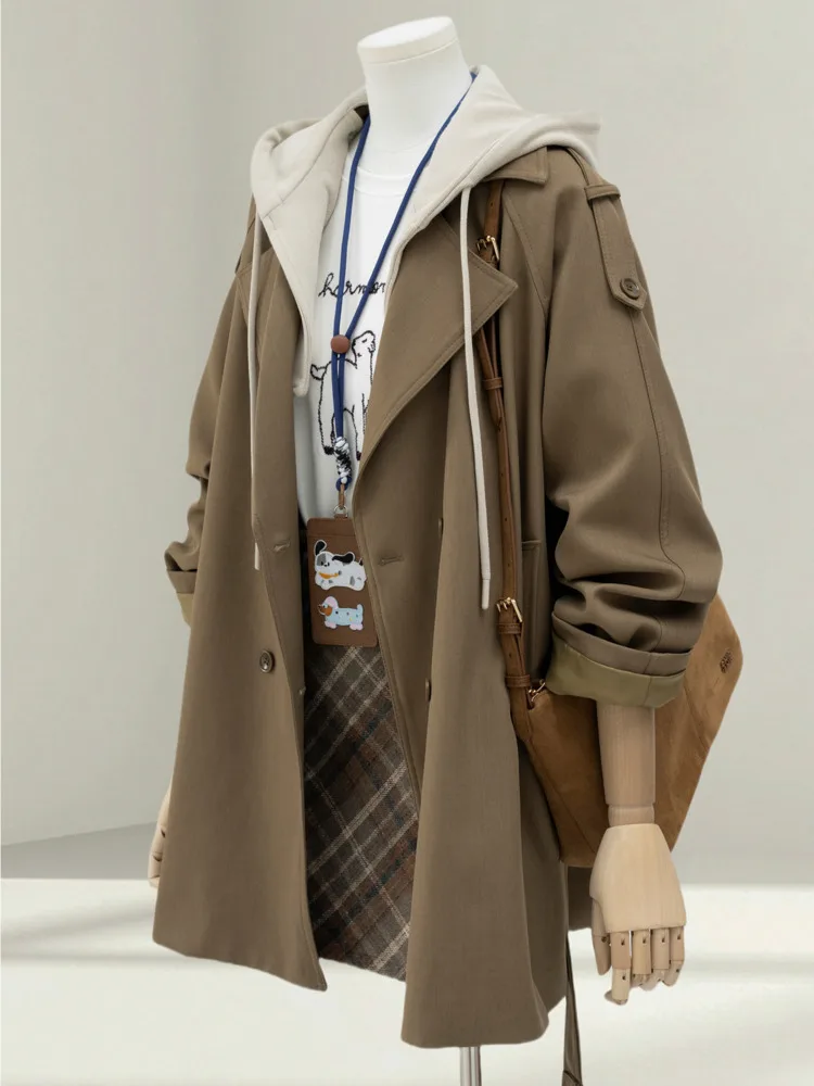 WHTREND الكورية نمط تصميم وهمية قطعتين مقنعين خندق معطف للنساء فضفاض منتصف طول سترة واقية سترة معطف WH1559 #2