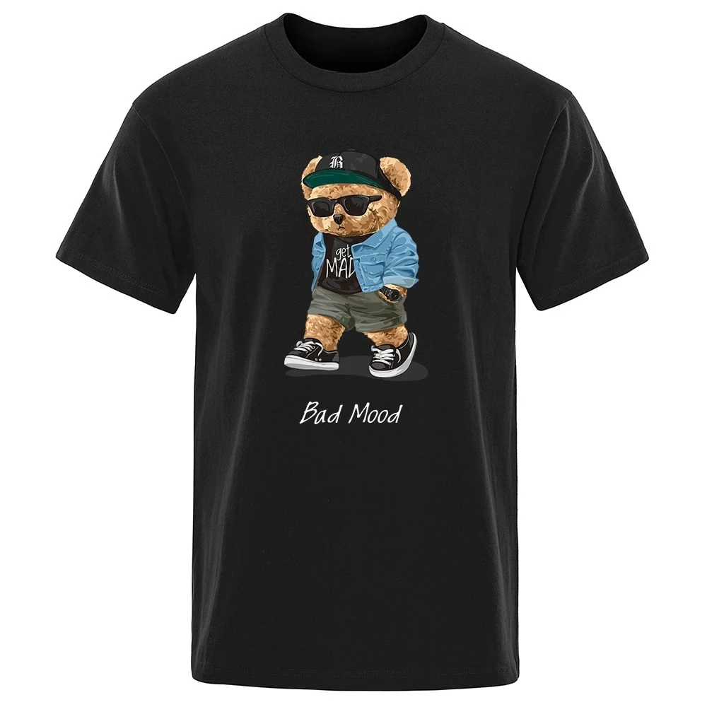 2026 Stylish Sunglasses Teddy Bear Graphic Short Sleeve T Shirt, Bad Mood Handwritten Text Print Streetwear Daily Tops for man