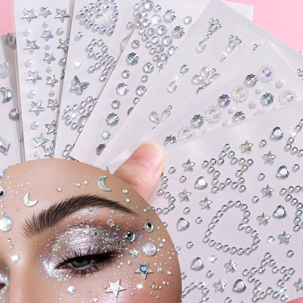 

1pc/6pcs Aurora Crystal Face Eye Diamond Stickers Self-Adhesive Luxury Girls Face Diamond Tattoo Decals Sparkly Eye Gem Stickers