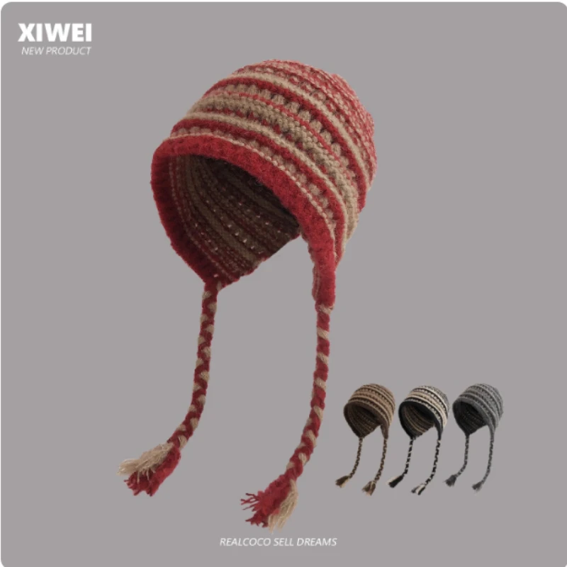 

Японские полосатые вязаные шапки на шнуровке с цветными блоками, осенние и зимние уличные теплые шапки-бомберы с защитой ушей для женщин