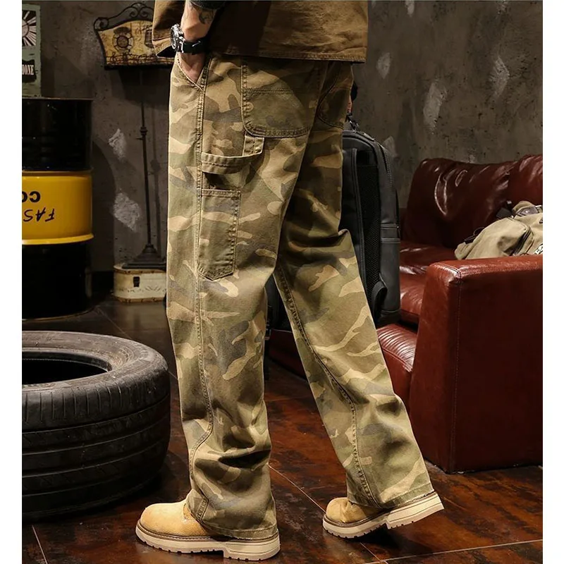 Camuflagem estilo safari jeans masculino outono chique high street solto calças retas perna larga casual harajuku bolsos pintados calças