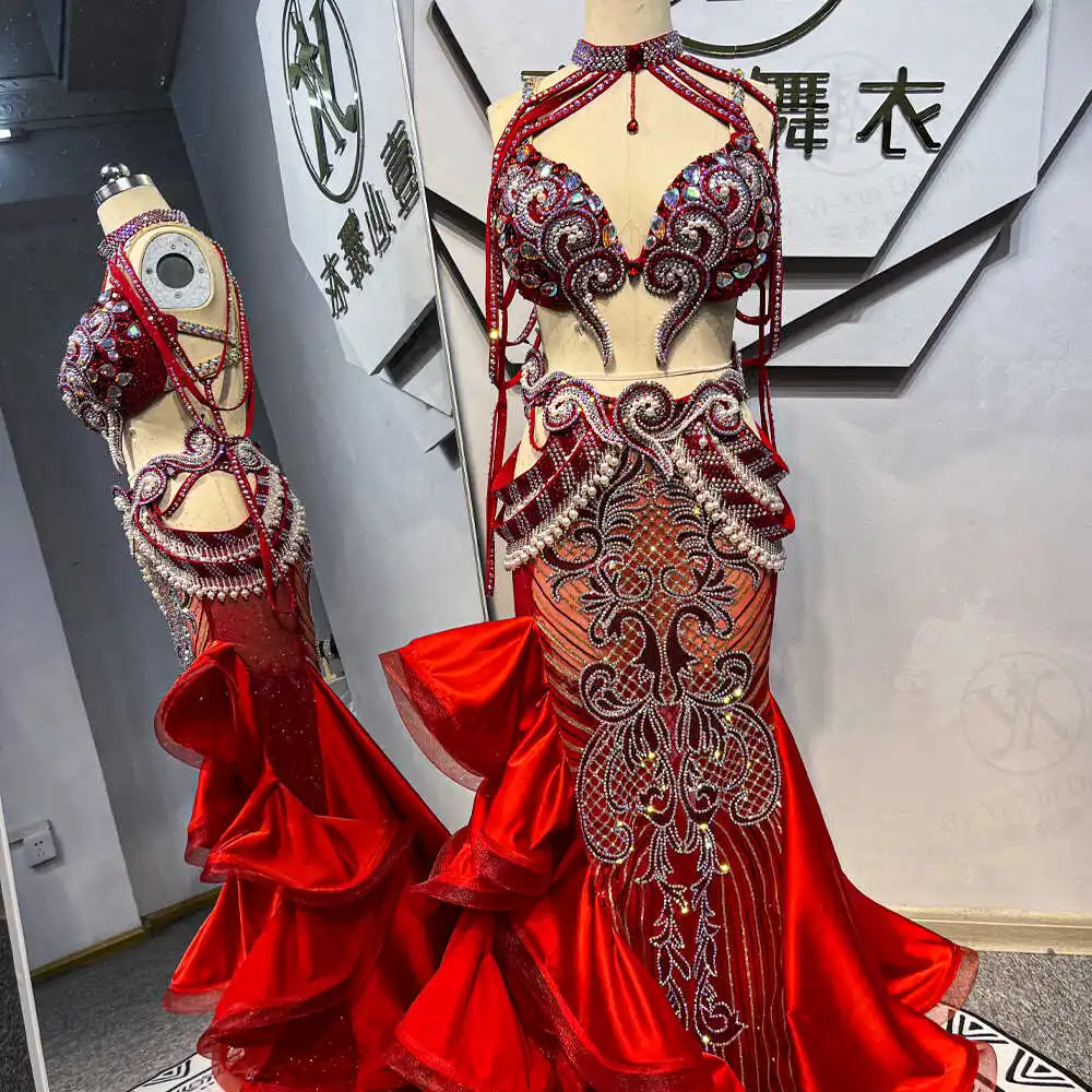 Customized Eastern Belly Dancewear Women Clothes Tassel Belly Dancing Bra Skirt Belt Oriental Dance Costume Group Stage Suit Set