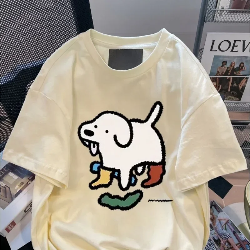 Cute Socks Puppy Printed T-shirt for Women Retro Style Summer Fashion Trend Casual Comfy Pure Cotton Couple Short Sleeve Top