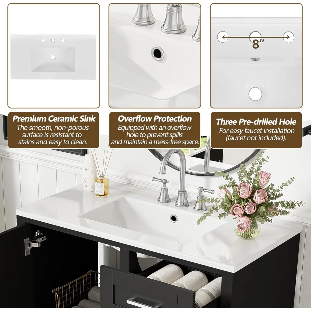 Mobile Vanity da 36 pollici con lavabo e 3 cassetti, chiusura ammortizzata