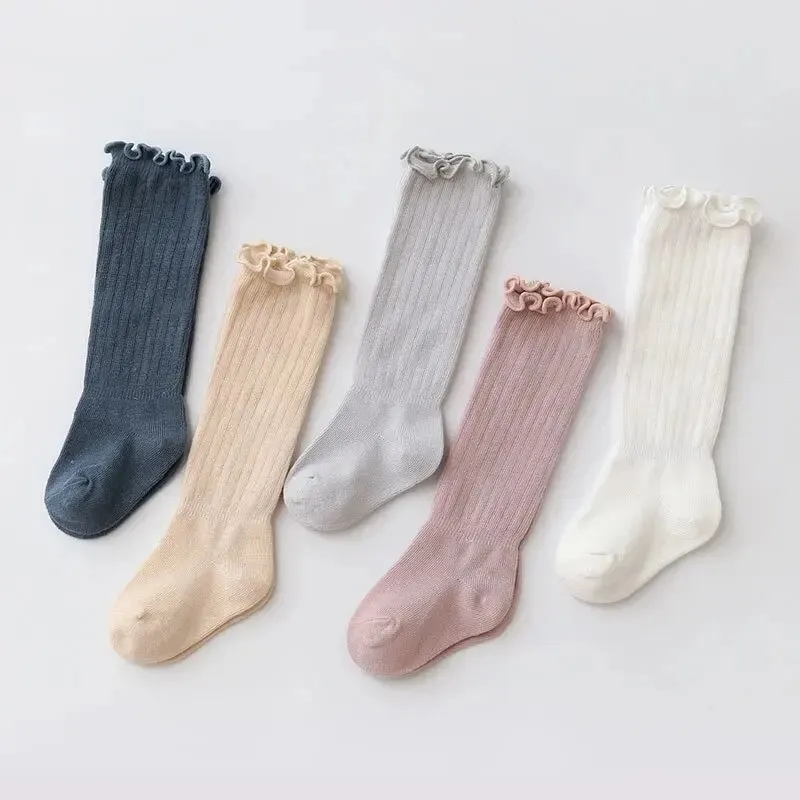 3Pairs/Lot Baby Girls Socks Lace Frilly Solid Cotton Long Knee High Kids Sock Infant Newborn Spring Children Ruffle Cute Socken