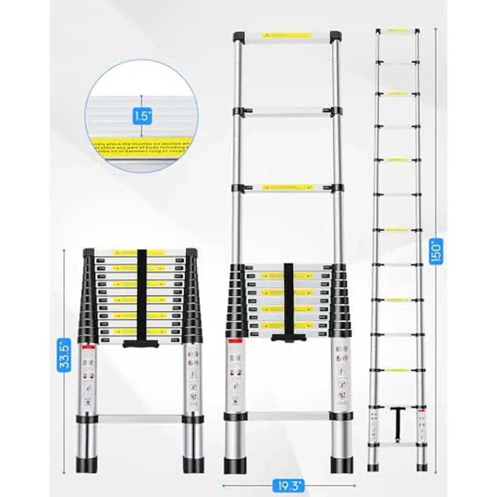 Telescopic Extension Ladder 12.5ft Aluminum Alloy Folding Portable Multi-Purpose Indoor Outdoor Work Locking Mechanism Safe &