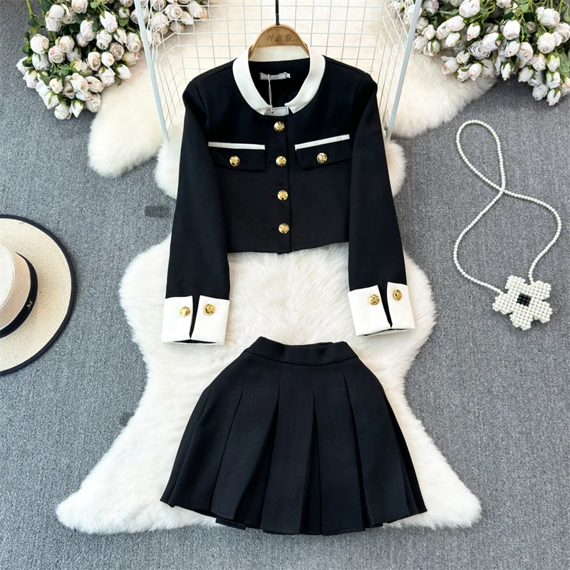 

Elegant Suit for Women Contrasting Color Long Sleeved Stand Up Collar Woolen Coat Two Piece Sets Fashion Pleated Skirt Sets