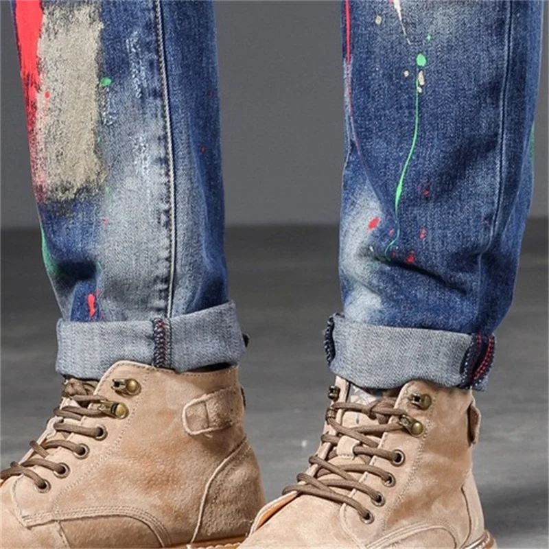 EH·MD® Spray Painted Jeans Men's Holes Scraped Summer High Elastic Slim Fit Small Feet Zipper Leather Label Splash Wrinkle Blue
