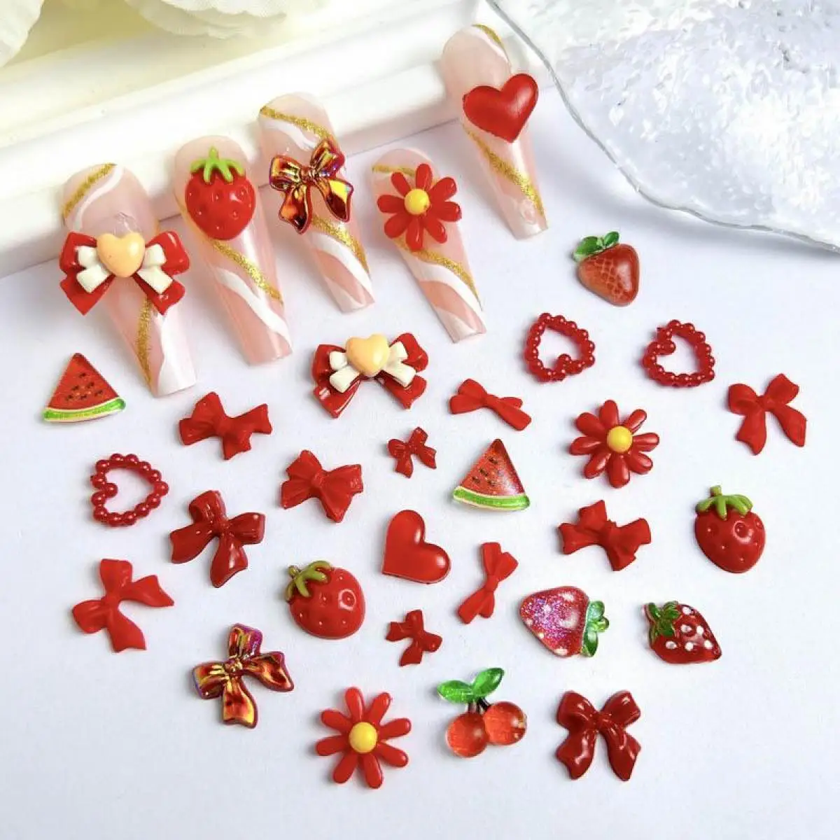 100PCS Mixed 3D Resin Red Series Nail Charms Kawaii Strawberry Bow Flower Watermelon Cherry Nail Art Decoration Accessories