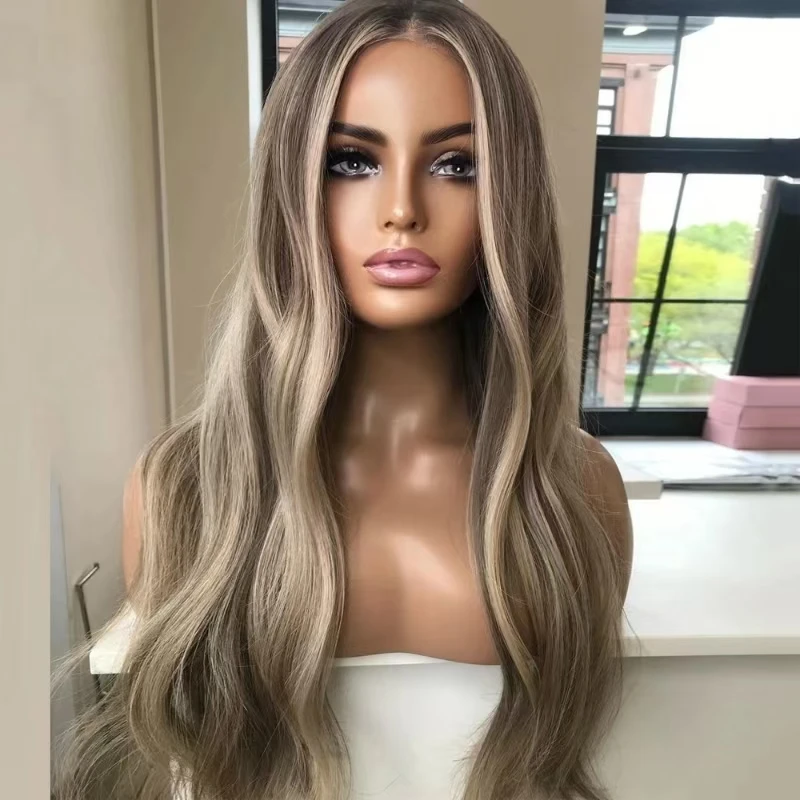 

QW Synthetic Preplucked Ombre Ash Blonde Soft Wavy Lace Front Wig For Women Hair Heat Resistant Fiber Cosplay Daily