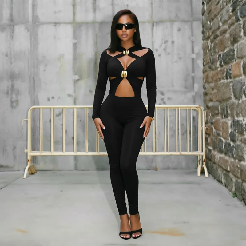 Sexy Hot Girl Crop-Top mit Lochmuster, Metallreißverschluss, Langen Ärmeln und Einfarbigen Leggings – Detail 4