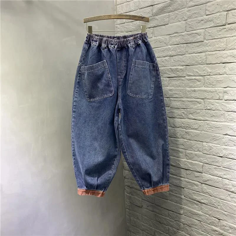 New Arrival Spring Arts Style Women Elastic Waist Casual Cotton Denim Harem Pants Double Pocket vintage Blue Loose Jeans C125