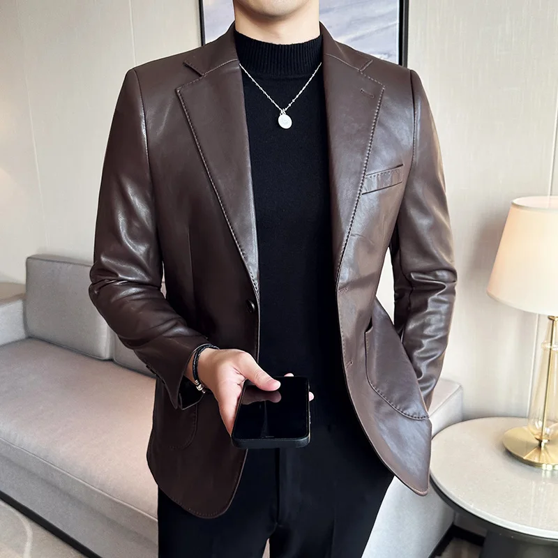 

Faux Leather Blazer Jackets Men All Match Business Casual Long Sleeve Mens Casual Blazers Slim Fit Single Breasted Suit Coat Man