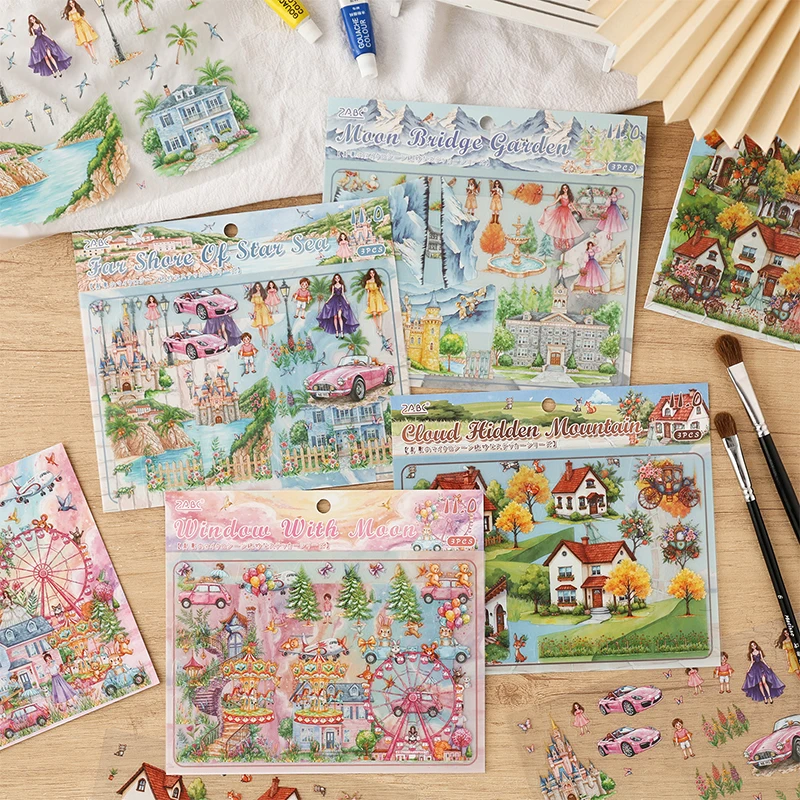 4-Piece - 3D Scene Building Stickers, Featuring Midsummer Miniature Scenery, Available in Multiple Combination Packs, Perfect Fo