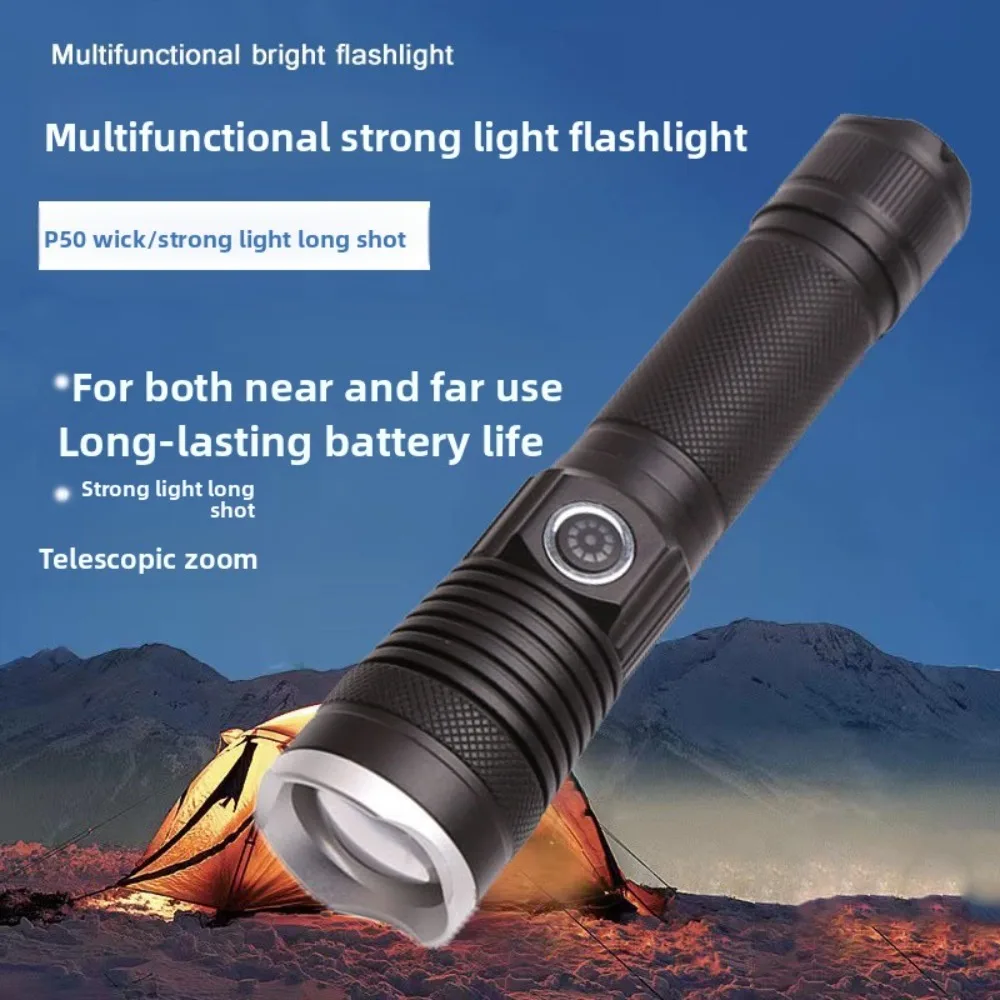 Linterna con zoom P50 de alta potencia, superbrillante, recargable tipo C con batería de larga duración para acampar y pescar al aire libre