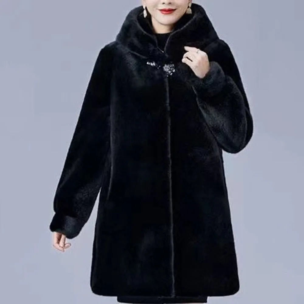 Winter New Lmitation Fur Coat Female Middle-aged And Old-aged All Mink Fur Grass Haining Fashion Long Mink Fur Hooded Coat.