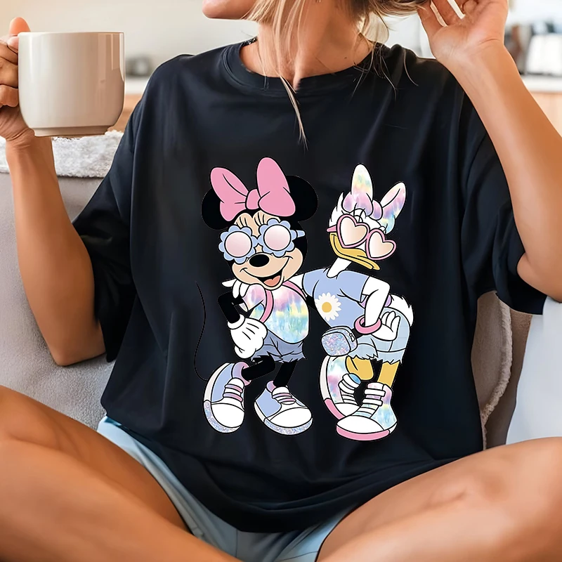 Disney Minnie and Daisy Besties Printed Women's T-Shirt Pure Cotton Short Sleeve Casual Top Personalized Women's Clothing